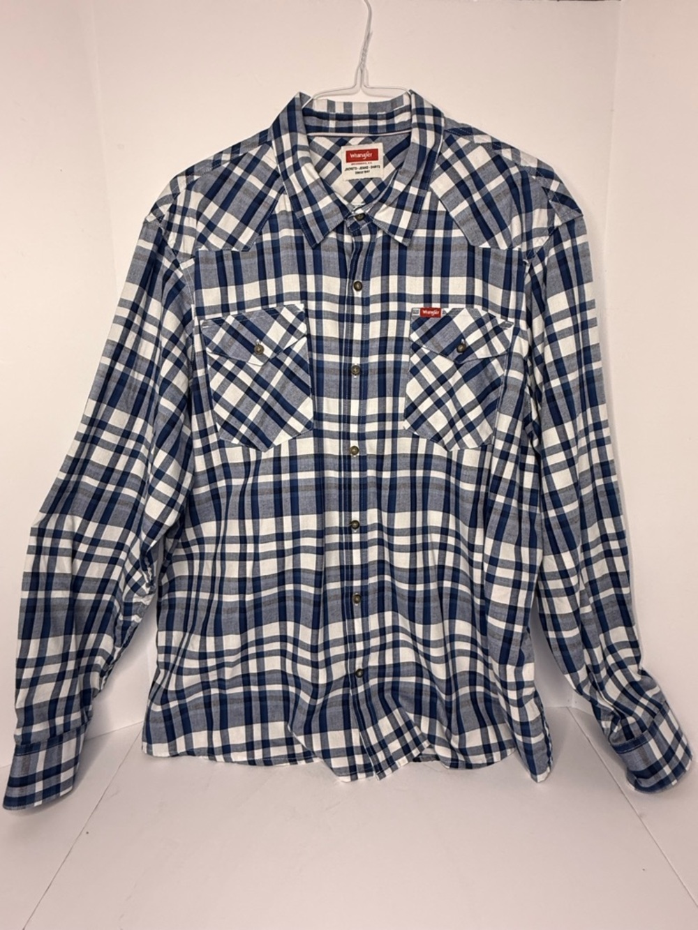 Wrangler Mens Plaid Western Shirt Sz 2XL Button Up Long Sleeve Blue